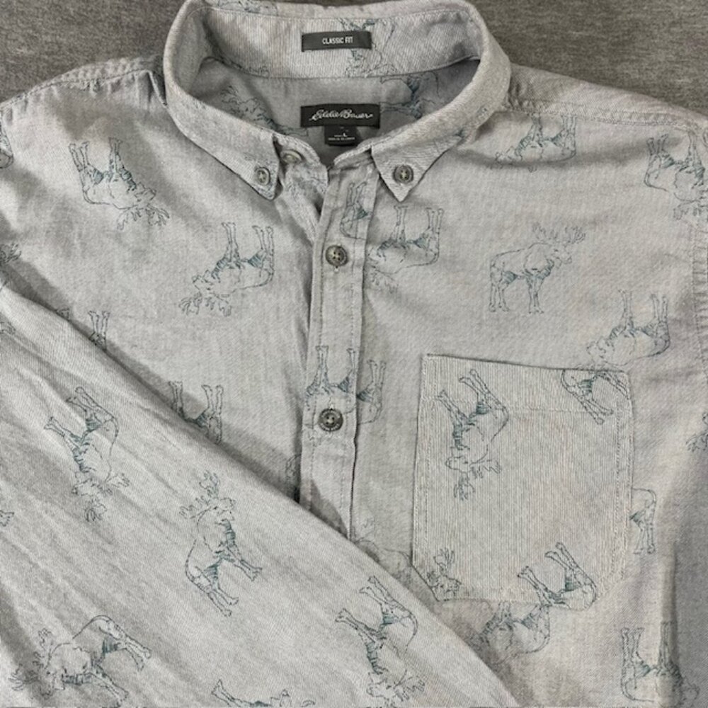 Eddie Bauer Shirt Men's L Large Long Sleeve Button Up Gray Cotton Flannel Moose